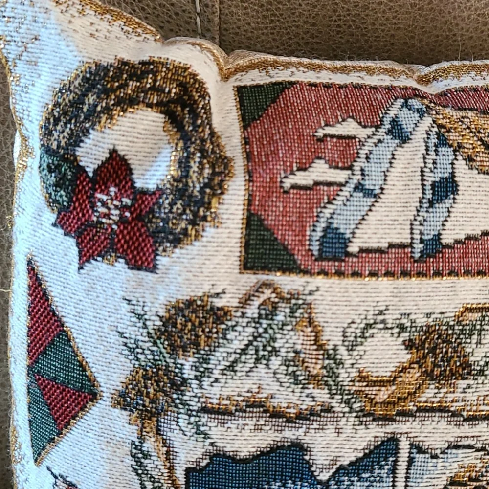 Christmas Throw Pillow Tree Scene Joy Season Burgundy Gold Lamé 12 x 16 Vintage